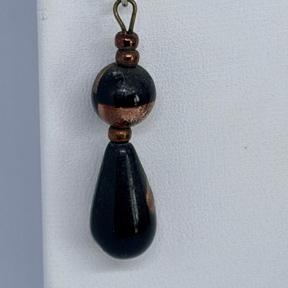 Vintage-Style Black Aventurine Glass Dangle Earrings – Copper Fleck Teardrops - Picture 3 of 5